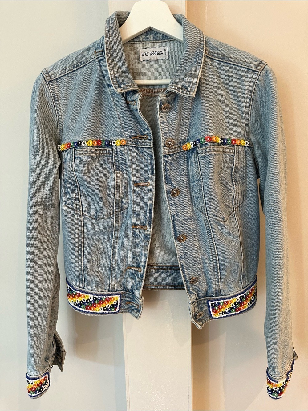 HOLT RENFREW ABS ALLEN SCHWARTZ DENIM JACKET W/FLORAL BEADING WOMENS SZ SMALL